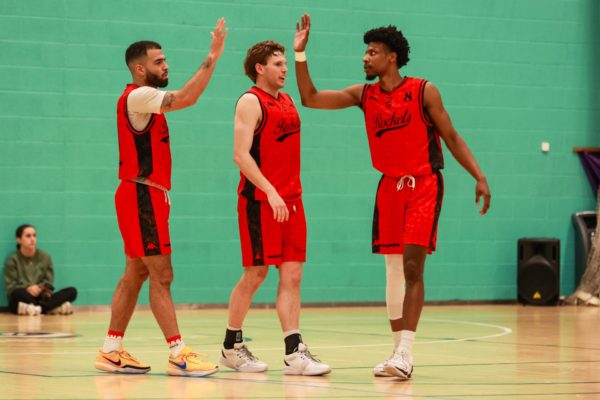 Lewis Champion of Reading Rockets, Mitch Clarke of Reading Rockets and Elijah Maynard of Reading Rockets. Loughborough Riders VS Reading Rockets in NBL action.