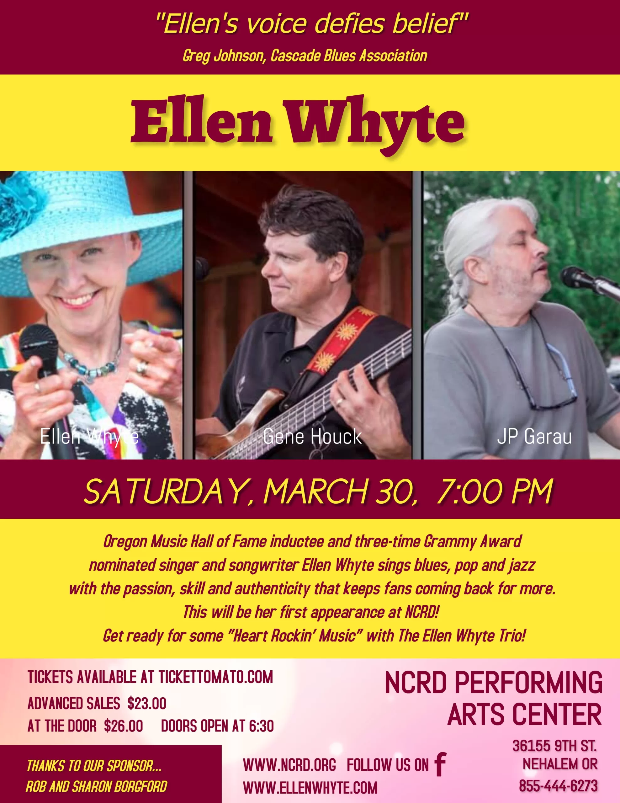 LIVE MUSIC AT NCRD PERFORMING ARTS CENTER SATURDAY MARCH 30th – Ellen Whyte Trio